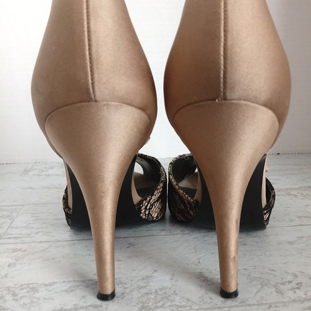 GUC Nina Satin / Lace  Peep-Toe Ankle Strap Heels w/Bow - Picture 6 of 12